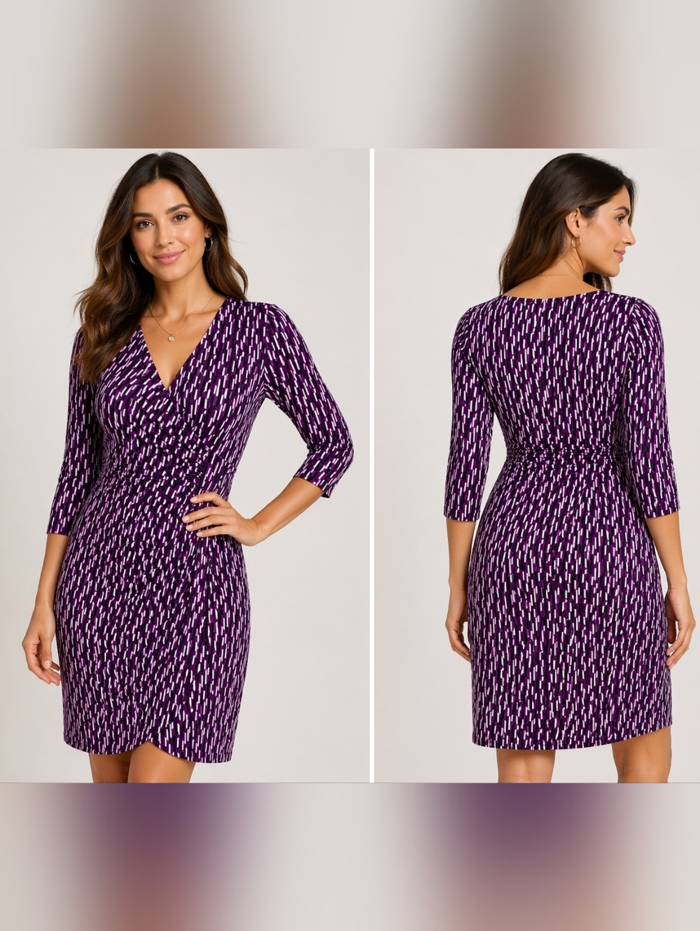 41 Hawthorn Purple Wrap Dress with V-Neck and 3/4 Sleeves